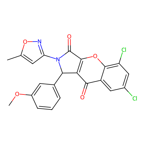 5,7-dichloro-1-(3-methoxyphenyl)-2-(5-methyl-1,2-oxazol-3-yl)-1,2-dihydrochromeno[2,3-c]pyrrole-3,9-dione structure