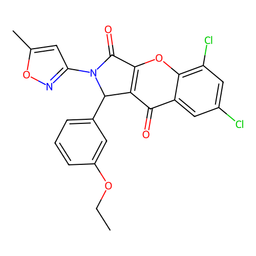5,7-dichloro-1-(3-ethoxyphenyl)-2-(5-methyl-1,2-oxazol-3-yl)-1,2-dihydrochromeno[2,3-c]pyrrole-3,9-dione structure