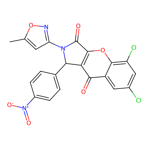 5,7-dichloro-2-(5-methyl-1,2-oxazol-3-yl)-1-(4-nitrophenyl)-1,2-dihydrochromeno[2,3-c]pyrrole-3,9-dione structure