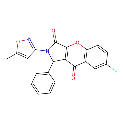 7-fluoro-2-(5-methylisoxazol-3-yl)-1-phenyl-1,2-dihydrochromeno[2,3-c]pyrrole-3,9-dione structure