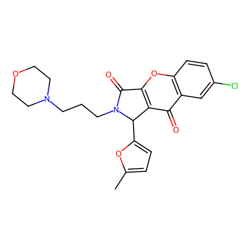 7-chloro-1-(5-methylfuran-2-yl)-2-(3-morpholinopropyl)-1,2-dihydrochromeno[2,3-c]pyrrole-3,9-dione structure