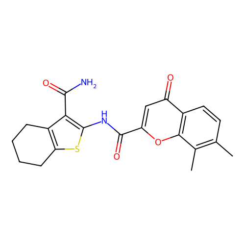 N-(3-carbamoyl-4,5,6,7-tetrahydro-1-benzothiophen-2-yl)-7,8-dimethyl-4-oxo-4H-chromene-2-carboxamide structure