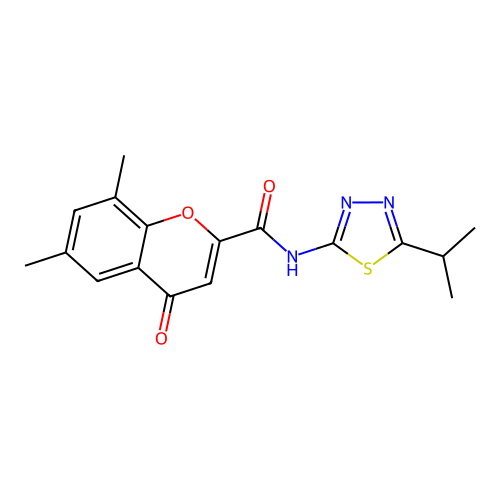 6,8-dimethyl-4-oxo-N-[(2Z)-5-(propan-2-yl)-1,3,4-thiadiazol-2(3H)-ylidene]-4H-chromene-2-carboxamide structure