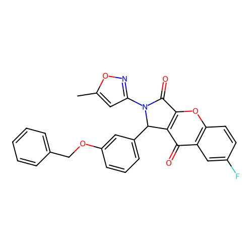 1-[3-(benzyloxy)phenyl]-7-fluoro-2-(5-methyl-1,2-oxazol-3-yl)-1,2-dihydrochromeno[2,3-c]pyrrole-3,9-dione structure