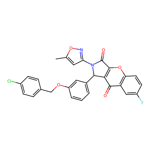 1-{3-[(4-chlorobenzyl)oxy]phenyl}-7-fluoro-2-(5-methyl-1,2-oxazol-3-yl)-1,2-dihydrochromeno[2,3-c]pyrrole-3,9-dione structure
