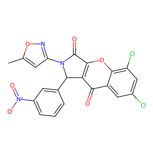 5,7-dichloro-2-(5-methyl-1,2-oxazol-3-yl)-1-(3-nitrophenyl)-1,2-dihydrochromeno[2,3-c]pyrrole-3,9-dione structure
