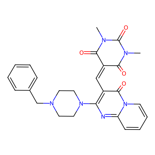 5-{[2-(4-benzylpiperazin-1-yl)-4-oxo-4H-pyrido[1,2-a]pyrimidin-3-yl]methylidene}-1,3-dimethylpyrimidine-2,4,6(1H,3H,5H)-trione structure