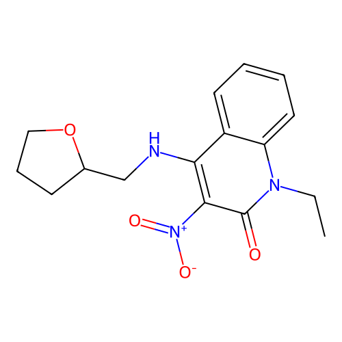1-ethyl-3-nitro-4-(((tetrahydrofuran-2-yl)methyl)amino)quinolin-2(1H)-one structure
