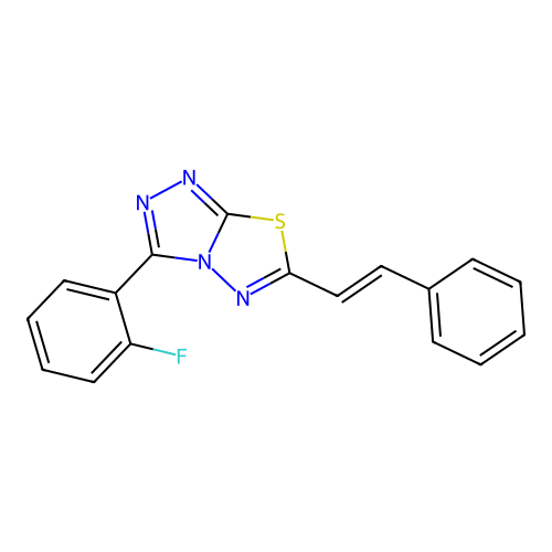 3-(2-fluorophenyl)-6-[(E)-2-phenylethenyl]-[1,2,4]triazolo[3,4-b][1,3,4]thiadiazole structure