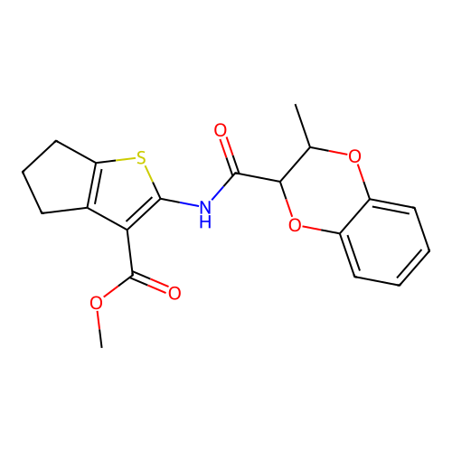 methyl 2-(3-methyl-2,3-dihydrobenzo[b][1,4]dioxine-2-carboxamido)-5,6-dihydro-4H-cyclopenta[b]thiophene-3-carboxylate structure