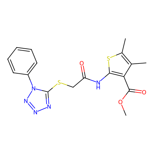 methyl 4,5-dimethyl-2-({[(1-phenyl-1H-tetrazol-5-yl)sulfanyl]acetyl}amino)thiophene-3-carboxylate structure