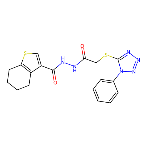 N'-[2-(1-phenyltetrazol-5-yl)sulfanylacetyl]-4,5,6,7-tetrahydro-1-benzothiophene-3-carbohydrazide structure
