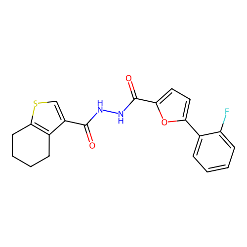 5-(2-fluorophenyl)-N'-(4,5,6,7-tetrahydro-1-benzothiophene-3-carbonyl)furan-2-carbohydrazide structure