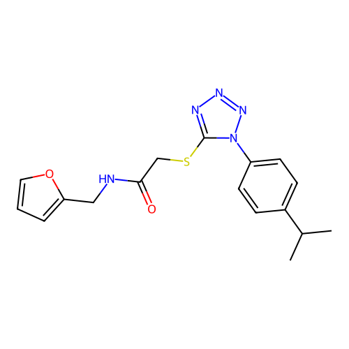 N-(furan-2-ylmethyl)-2-[1-(4-propan-2-ylphenyl)tetrazol-5-yl]sulfanylacetamide structure