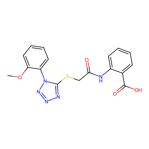 2-(2-((1-(2-methoxyphenyl)-1H-tetrazol-5-yl)thio)acetamido)benzoic acid structure