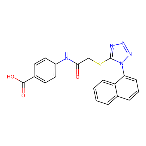 4-(2-((1-(naphthalen-1-yl)-1H-tetrazol-5-yl)thio)acetamido)benzoic acid structure