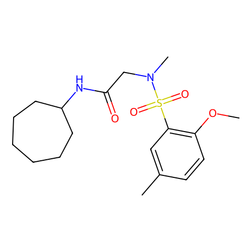 N-cycloheptyl-2-[(2-methoxy-5-methylphenyl)sulfonyl-methylamino]acetamide structure