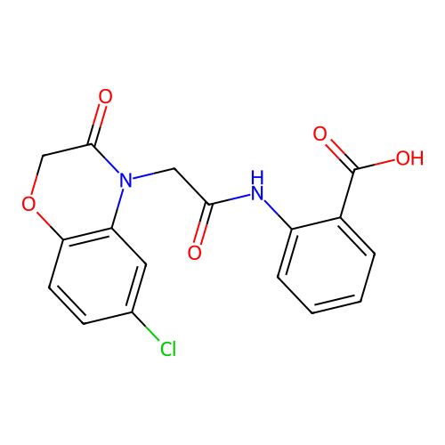 2-(2-(6-chloro-3-oxo-2H-benzo[b][1,4]oxazin-4(3H)-yl)acetamido)benzoic acid structure