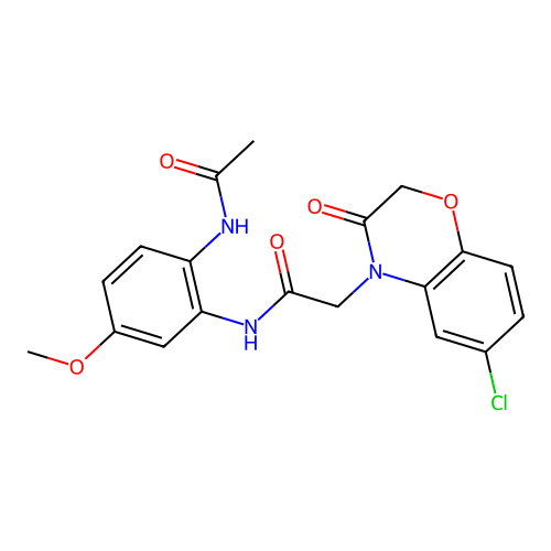 N-(2-acetamido-5-methoxyphenyl)-2-(6-chloro-3-oxo-1,4-benzoxazin-4-yl)acetamide structure