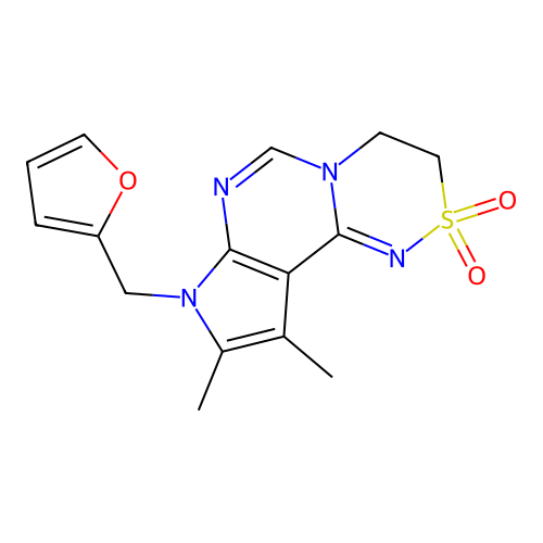 8H-Pyrrolo[2',3':4,5]pyrimido[6,1-c][1,2,4]thiadiazine, 8-(2-furanylmethyl)-3,4-dihydro-9,10-dimethyl-, 2,2-dioxide structure