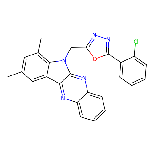 6-{[5-(2-chlorophenyl)-1,3,4-oxadiazol-2-yl]methyl}-7,9-dimethyl-6H-indolo[2,3-b]quinoxaline structure