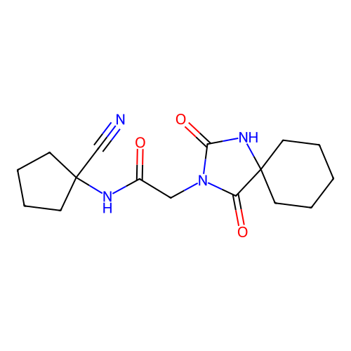 N-(1-cyanocyclopentyl)-2-{2,4-dioxo-1,3-diazaspiro[4.5]decan-3-yl}acetamide structure