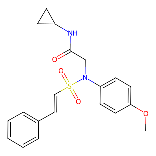 N-cyclopropyl-2-[N-(4-methoxyphenyl)-2-phenylethenesulfonamido]acetamide structure