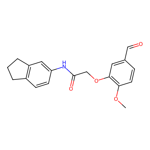 N-(2,3-dihydro-1H-inden-5-yl)-2-(5-formyl-2-methoxyphenoxy)acetamide structure