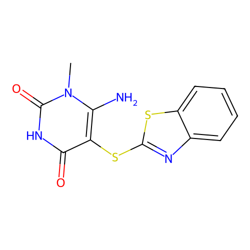 6-amino-5-(1,3-benzothiazol-2-ylsulfanyl)-4-hydroxy-1-methylpyrimidin-2(1H)-one structure