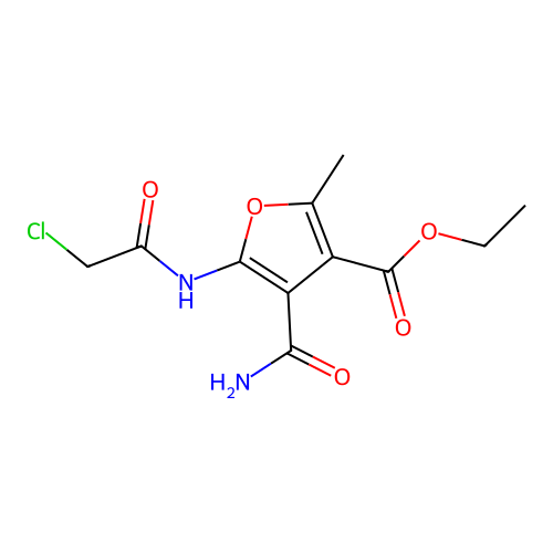 Ethyl 4-carbamoyl-5-(2-chloroacetamido)-2-methylfuran-3-carboxylate structure