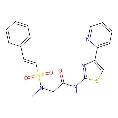 2-(N-methyl-2-phenylethenesulfonamido)-N-[4-(pyridin-2-yl)-1,3-thiazol-2-yl]acetamide structure