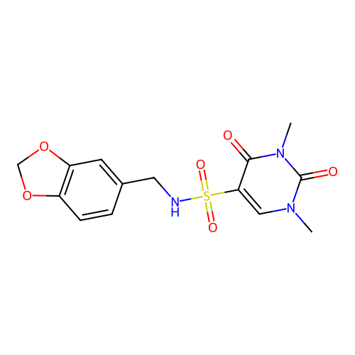 N-(1,3-benzodioxol-5-ylmethyl)-1,3-dimethyl-2,4-dioxopyrimidine-5-sulfonamide structure