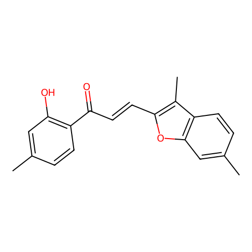 (E)-3-(3,6-dimethylbenzofuran-2-yl)-1-(2-hydroxy-4-methylphenyl)prop-2-en-1-one structure
