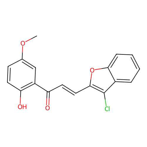 (2E)-3-(3-chloro-1-benzofuran-2-yl)-1-(2-hydroxy-5-methoxyphenyl)prop-2-en-1-one structure