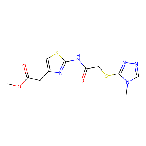 methyl 2-[2-[[2-[(4-methyl-1,2,4-triazol-3-yl)sulfanyl]acetyl]amino]-1,3-thiazol-4-yl]acetate structure