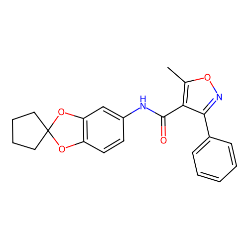 5-Methyl-3-phenyl-N-[spiro[1,3-benzodioxole-2,1'-cyclopentan]-6-yl]-1,2-oxazole-4-carboxamide structure