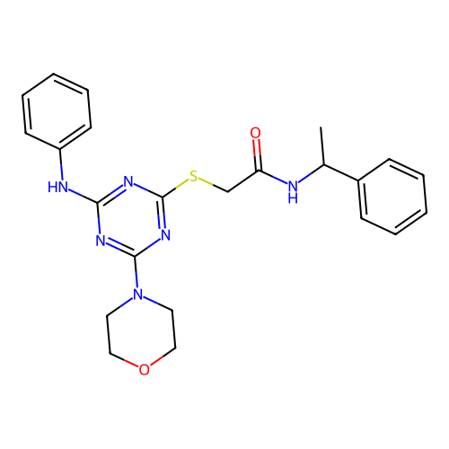 2-((4-morpholino-6-(phenylamino)-1,3,5-triazin-2-yl)thio)-N-(1-phenylethyl)acetamide structure