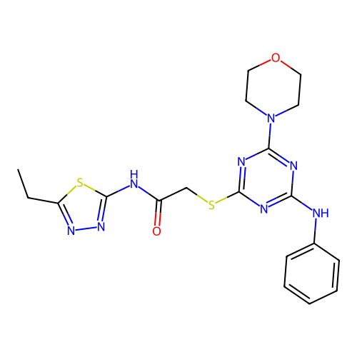 2-[(4-anilino-6-morpholin-4-yl-1,3,5-triazin-2-yl)sulfanyl]-N-(5-ethyl-1,3,4-thiadiazol-2-yl)acetamide structure