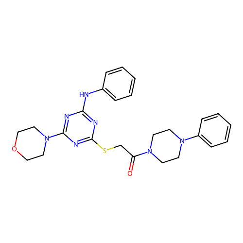 2-[(4-anilino-6-morpholin-4-yl-1,3,5-triazin-2-yl)sulfanyl]-1-(4-phenylpiperazin-1-yl)ethanone structure