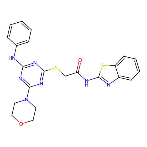 2-[(4-anilino-6-morpholin-4-yl-1,3,5-triazin-2-yl)sulfanyl]-N-benzothiazol-2-yl-acetamide structure