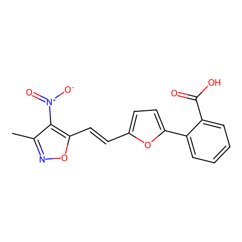 2-[5-[(E)-2-(3-methyl-4-nitro-1,2-oxazol-5-yl)ethenyl]furan-2-yl]benzoic acid structure