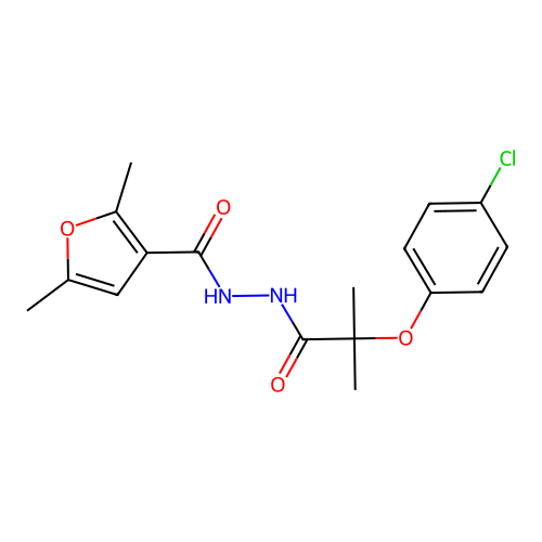 N'-[2-(4-chlorophenoxy)-2-methylpropanoyl]-2,5-dimethylfuran-3-carbohydrazide structure