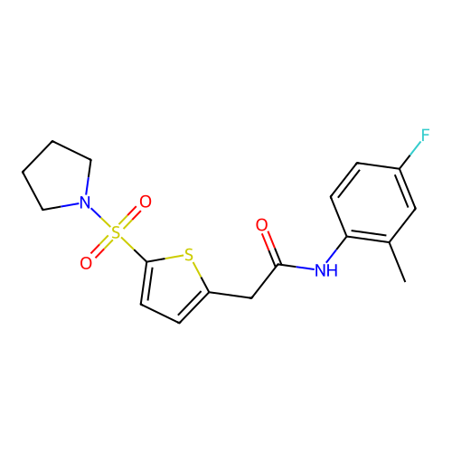 N-(4-fluoro-2-methylphenyl)-2-(5-pyrrolidin-1-ylsulfonylthiophen-2-yl)acetamide structure