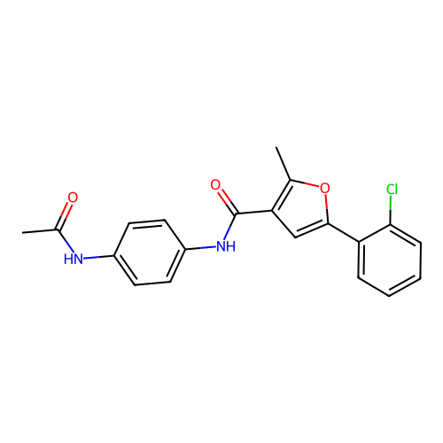N-(4-acetamidophenyl)-5-(2-chlorophenyl)-2-methylfuran-3-carboxamide structure