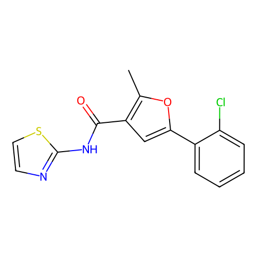5-(2-chlorophenyl)-2-methyl-N-(1,3-thiazol-2-yl)furan-3-carboxamide structure