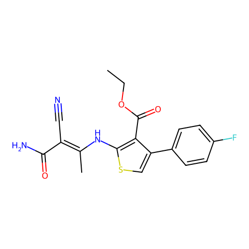 ethyl 2-[[(E)-4-amino-3-cyano-4-oxobut-2-en-2-yl]amino]-4-(4-fluorophenyl)thiophene-3-carboxylate structure