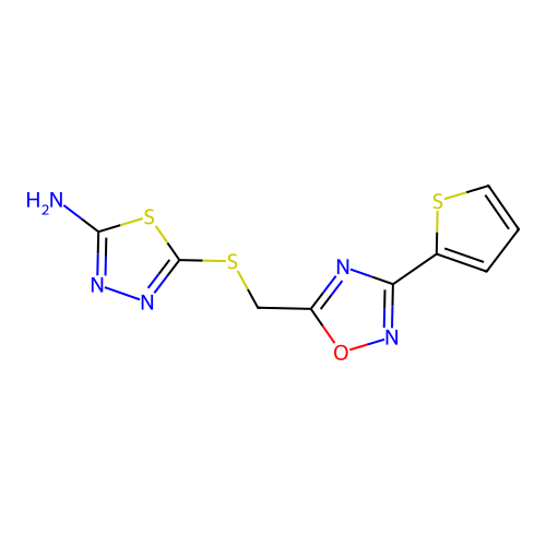5-(((3-(Thiophen-2-yl)-1,2,4-oxadiazol-5-yl)methyl)thio)-1,3,4-thiadiazol-2-amine structure
