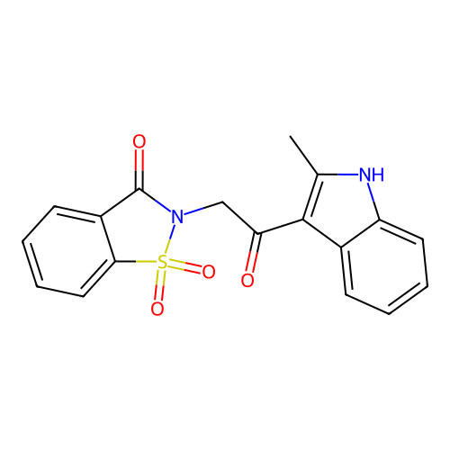 2-[2-(2-methyl-1H-indol-3-yl)-2-oxoethyl]-1,1-dioxo-1,2-benzothiazol-3-one structure