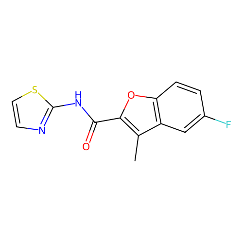 5-fluoro-3-methyl-N-(1,3-thiazol-2-yl)-1-benzofuran-2-carboxamide structure