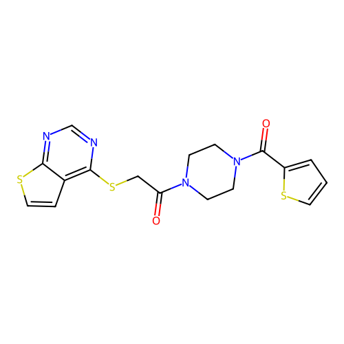 2-(thieno[2,3-d]pyrimidin-4-ylthio)-1-(4-(thiophene-2-carbonyl)piperazin-1-yl)ethan-1-one structure